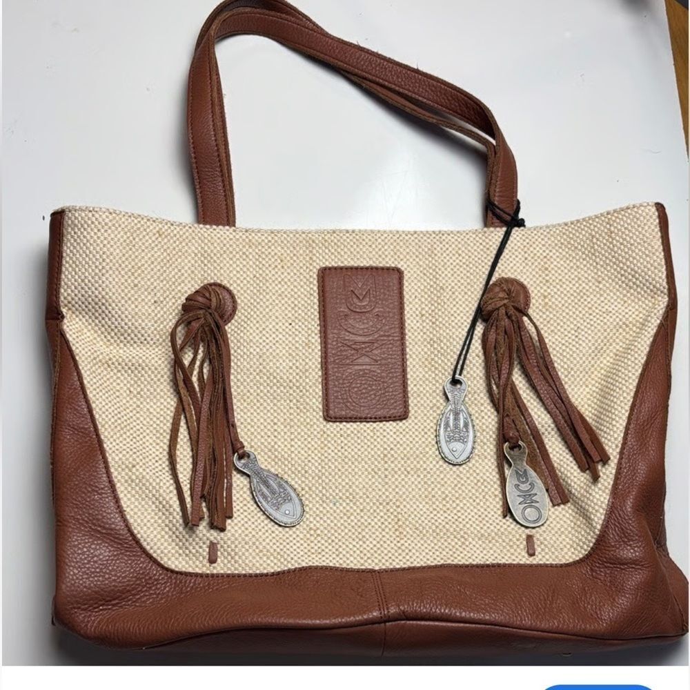 Muxo Camila Alves Leather Linen Woven Cotton Tote Brown Jute Tan Hobo Bag Purse